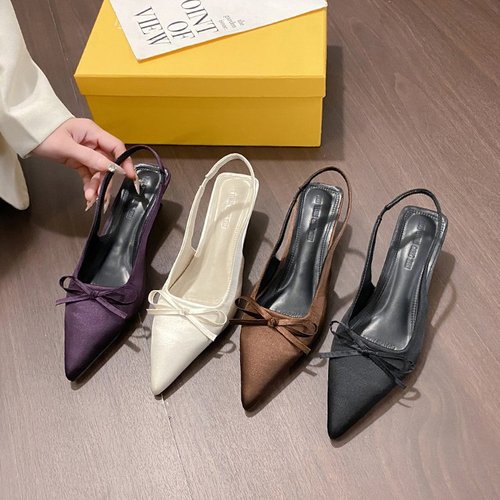 2025 Spring and Autumn French Chic Elegant Satin High Heels for Women, Brown Pointed Toe Open Toe with Bow Detail