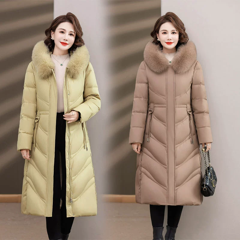 Молодая мама Зимняя куртка на утином пуху 2023 Новая женская элегантная благородная Длинная шерстяная теплая куртка с воротником