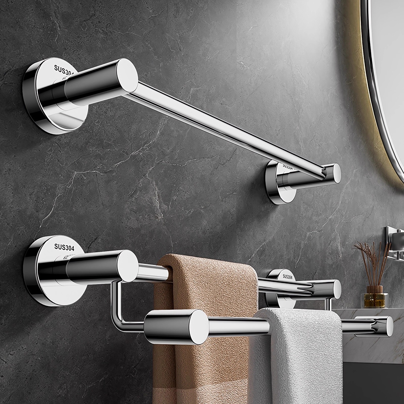 Towel Rack 304 Stainless Steel Bathroom Punch-Free Towel Bar Single Rod Bathroom Hanging Rod Double Rod Punch-Free Bath Towel Rack