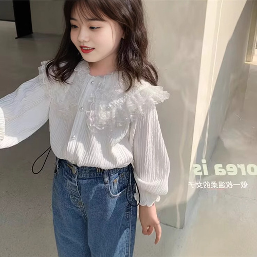 Girls' Blouse 2025 Spring and Autumn Baby Girls' Lace Trimmed Turn-down Collar Long-sleeved Base Shirt Princess Top Drop Shipping