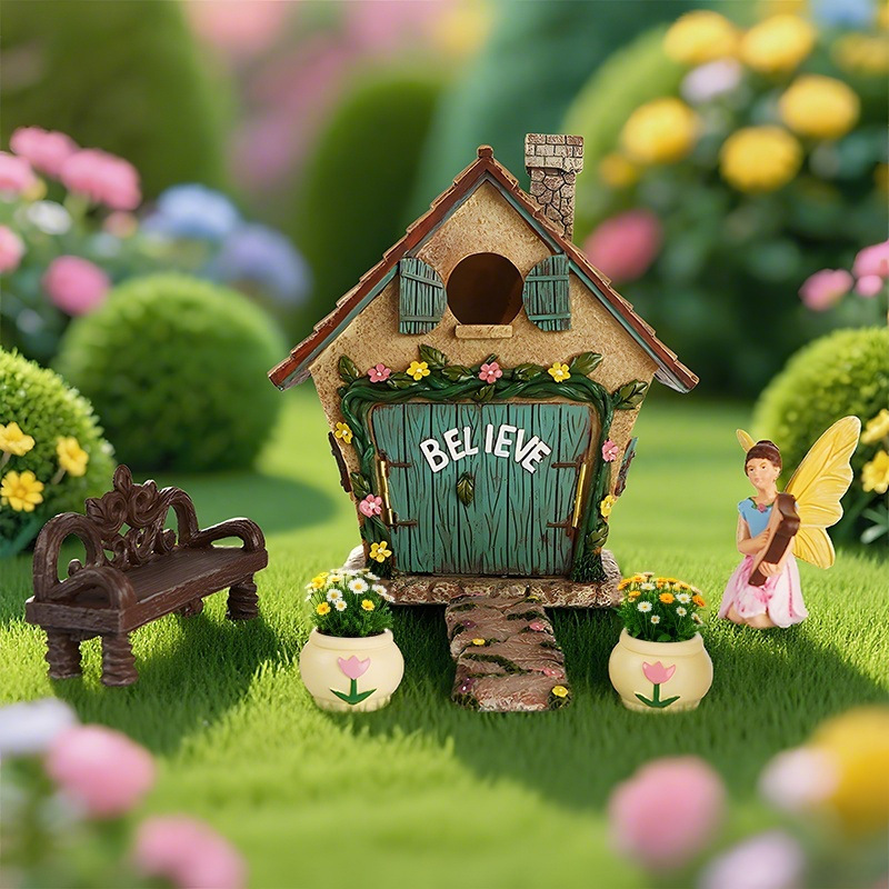   Flower House Set Resin Ornaments Micro Landscape Butterfly Girl House Courtyard Garden Landscaping Decoration