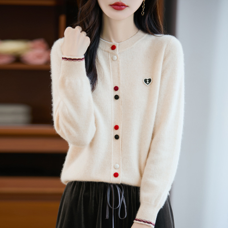 Woolen demi-season design knitted cardigan with a round collar