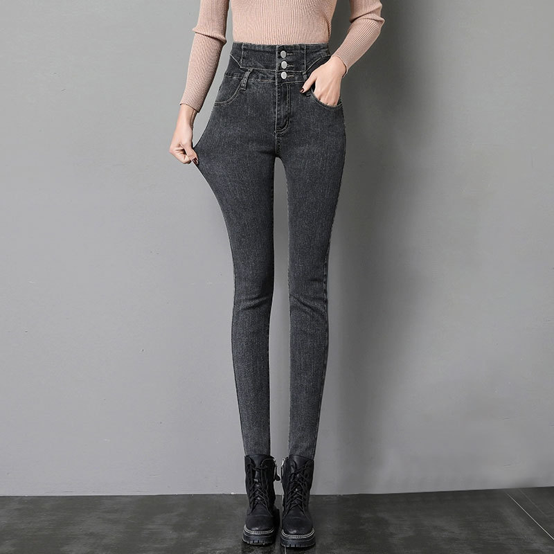 Single-breasted ultra-high waist skinny jeans women's niche belly-lifting hip slim-fit cropped black and gray pencil leggings Single-breasted ultra-high waist skinny jeans women's niche belly-lifting hip slim-fit cropped black and gray pencil leggings