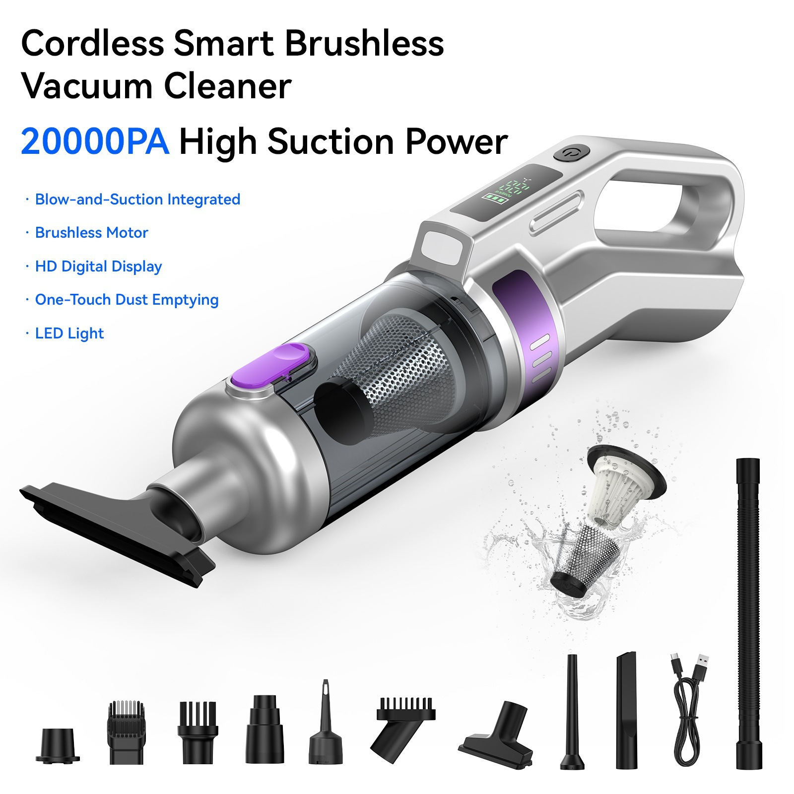 Car-mounted wireless vacuum cleaner, handheld portable digital display floor mop, multifunctional dust-absorbing and air-blowing device for home and car use