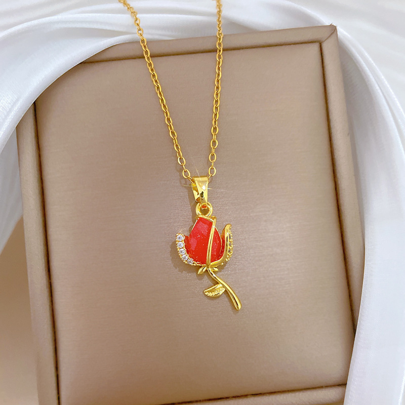 Wunderschöne Rote Rosenhalskette Mit Strass Aus Edelstahl_voghion.com