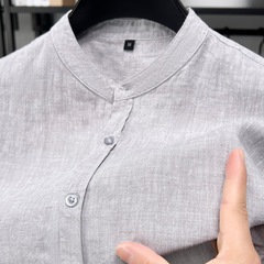100% リネン半袖 Tシャツメンズシャツ無地スタンドカラー夏の新しい中国風の若者と中年のシャツ薄いスタイル
