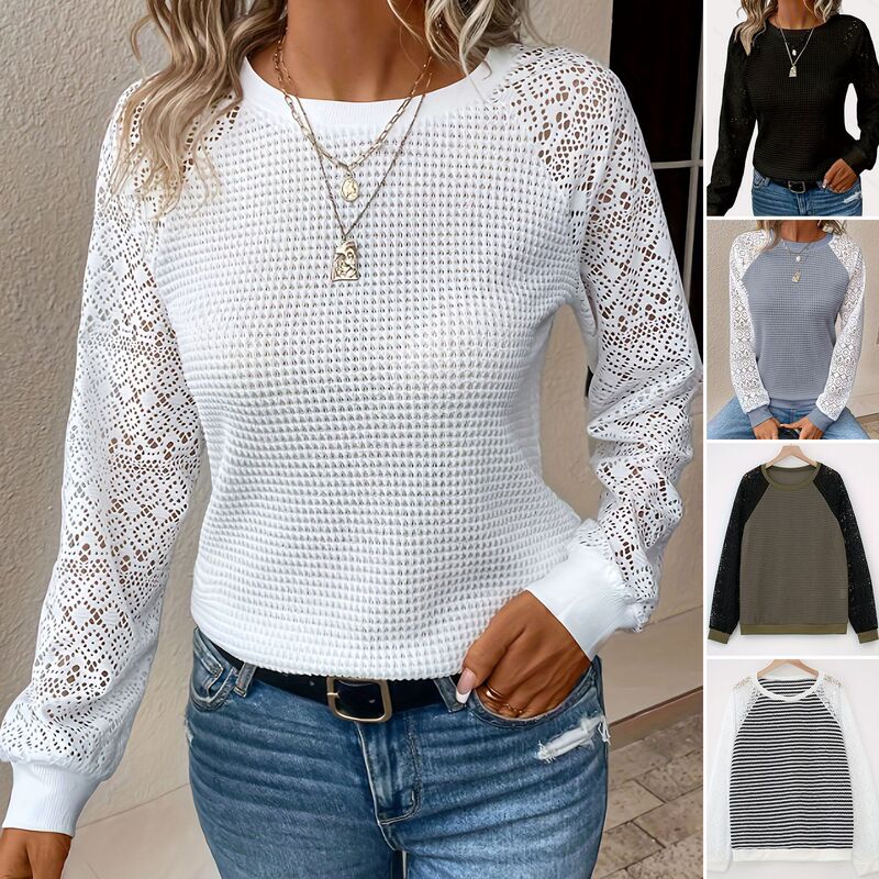 Manufacturer European and American 2025 New Solid Color Lace Long-Sleeve Hollow-Out Round Neck Casual Women's T-Shirt Top 2026 Summer Manufacturer European and American 2025 New Solid Color Lace Long-Sleeve Hollow-Out Round Neck Casual Women's T-Shirt Top 2026 Summer