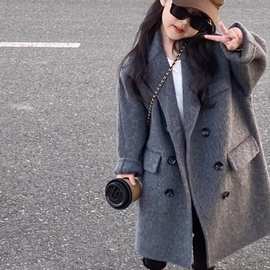 韩国童装2023秋冬新款翻领中长款风衣外套儿童洋气加厚双面呢大衣