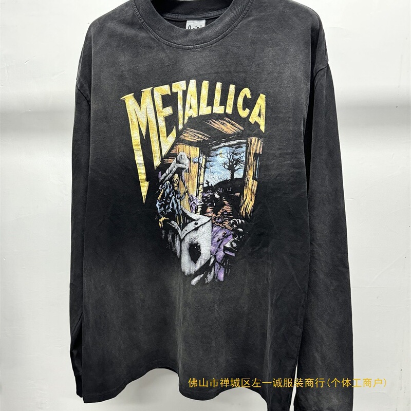 Metallica Band Tour Limited Long-Sleeved T-Shirt Washed and Distressed Hip-Hop Heavy Metal Style Bottoming Shirt