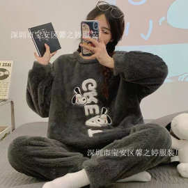 卡通甜美歪头熊同款睡衣女秋冬季珊瑚绒加厚宽松大码外贸跨境套装