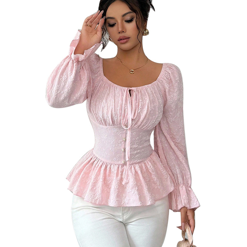 Ruihou Women's French Design U Neck Tie Waist Long Sleeve Blouse Casual Elegant Fashion Thin Top For Spring/Autumn_ecoleips.com