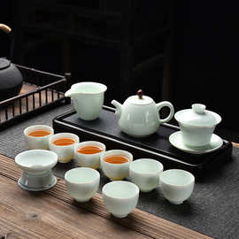羊脂玉影青功夫茶具描金套装家用茶壶三才盖碗不烫手礼盒装印LOGO