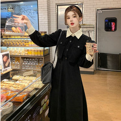 早秋季裙子2025年新款黑色法式连衣裙女春秋装内搭假两件收腰长裙