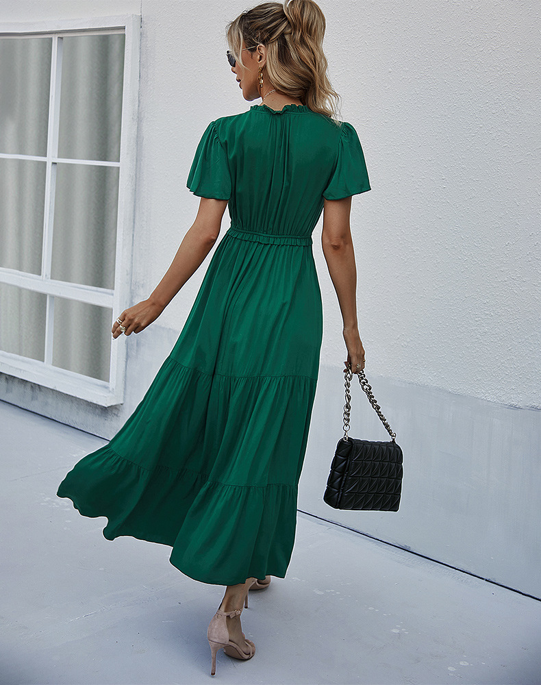 Short-Sleeved V-Neck Long Dress NSDY100523