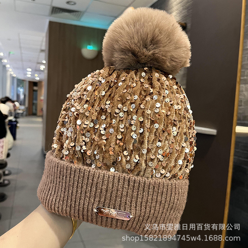 秋冬の新型のスパンコールは毛玉の毛糸の帽子の子供のファッションの冬の屋外の保温のニットの帽子のスキーの冷たい帽子を持ちます。|undefined