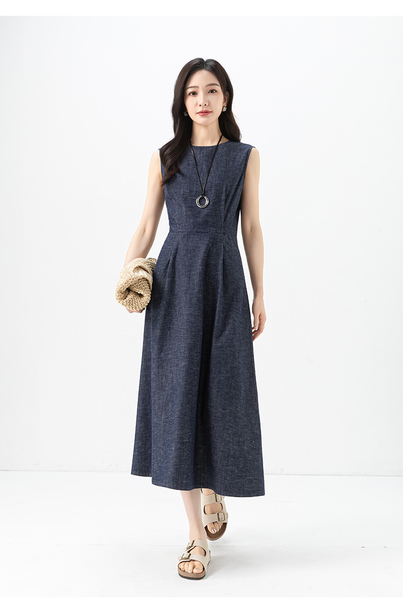 Đầm denim nữ không tay cổ tròn thắt eo dáng midi — Xanh da trờicolor chi tiết 24