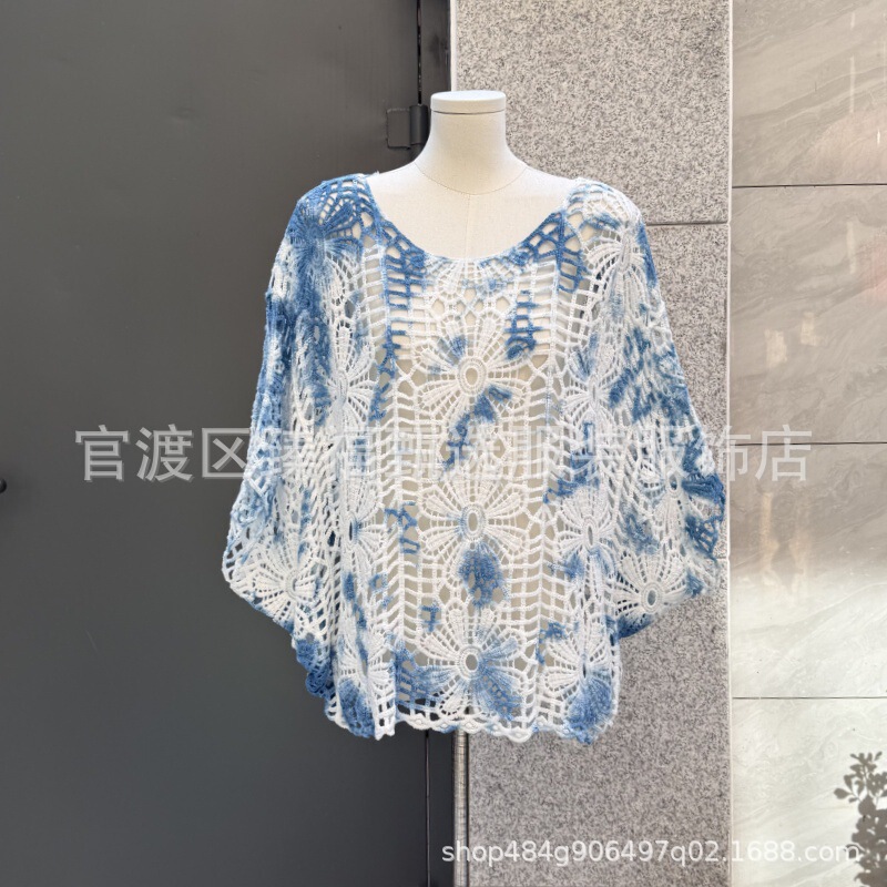 Handmade Tie-Dye Blue-Dyed Cotton Thread Knitted Cut Out Bat Sleeves Loose Large Size Pullover Top Blouse Knitwear T-Shirt
