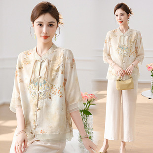 Mother's Day New Chinese Style Summer Cotton Linen Suit for Middle-Aged and Elderly Women, New National Style Floral Short Sleeve Top