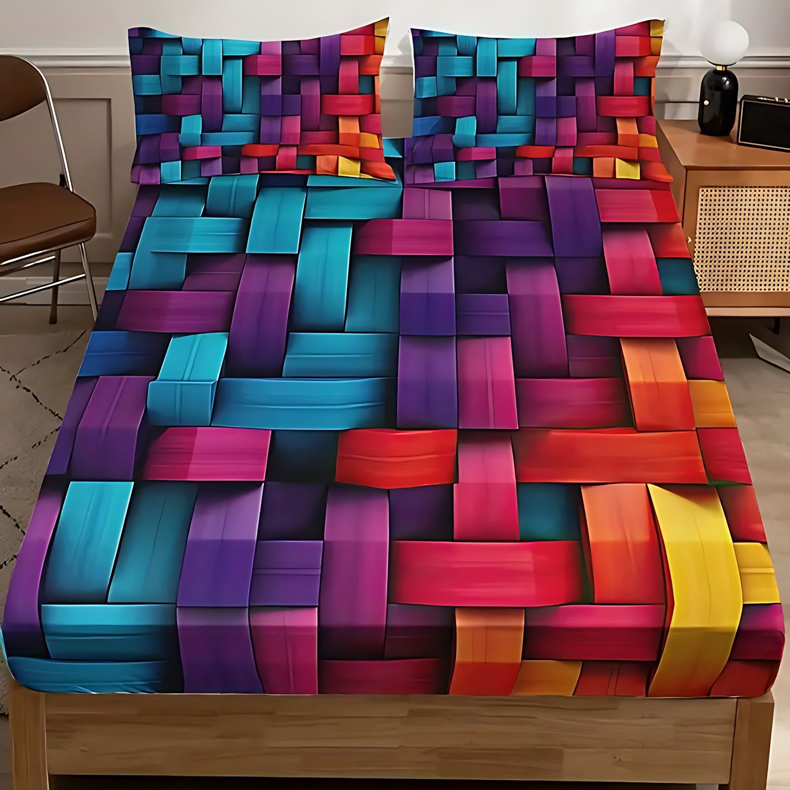 TEMU / JIT Transfronterizo 3D Impresión Digital Color Geométrica Plaid Bed Kit