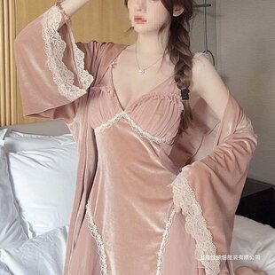 Sexy breast pads, pijama, set, velvet long-sleeve, lace bathrobe, lifting effect