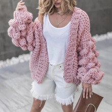 2020秋冬新款欧美风纯手工编织球球灯笼袖 毛衣外套女开衫sweater