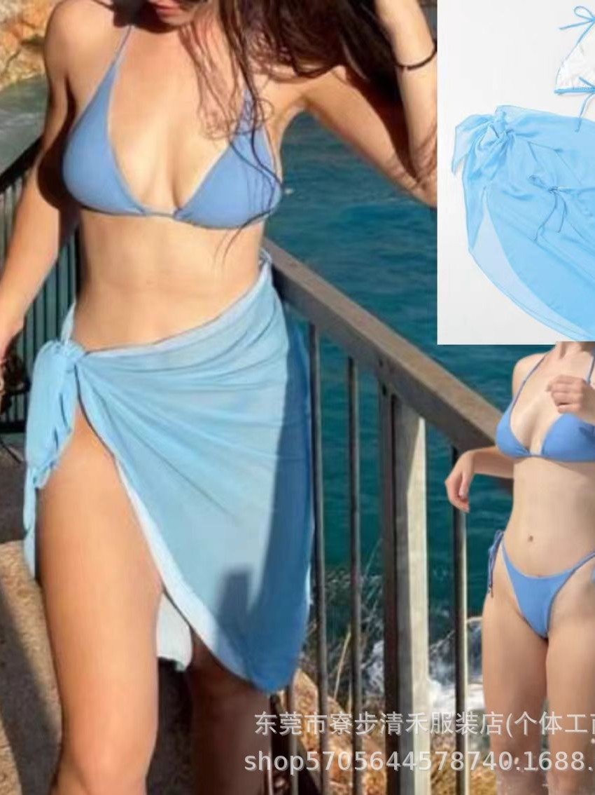 Shein sexy bikini de pecho grande y pequeño 2025 nuevo estilo halter cinturón cintura baja traje de baño de mujer dividido cola al por mayor