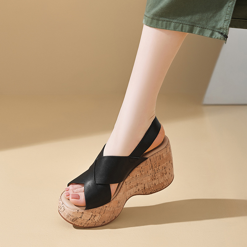 Sandal cao gót nữ quai chéo hở mũi đế xuồng 10cm da bò thật phong cách La Mã — màu đen, màu trắng ngà