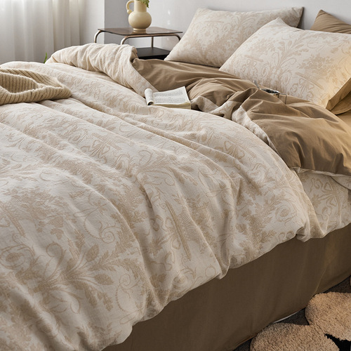 ins style three-layer yarn pure cotton four-piece set jacquard cotton quilt cover fitted sheet washed cotton sheets bedding wholesale