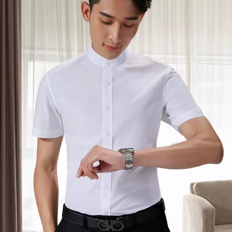 Vertical Collar Shirt Men's Short-Sleeved White Business Dress Non-Ironing Chinese-Style Chinese-Style Crewneck Half-Sleeved Shirt Men's Summer Wear