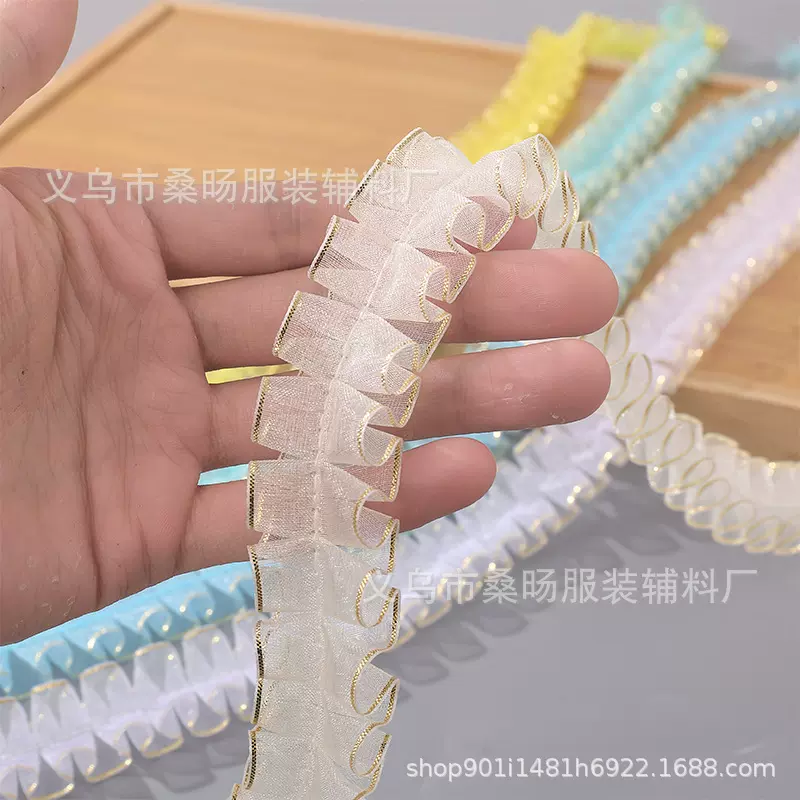 现货2.5cm双金鱼骨褶皱雪纱花边diy手工服饰辅料中线针打折花边