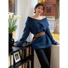 冬季温柔风一字肩翻领慵懒风中长款针织毛衣2025秋冬新款上衣女装