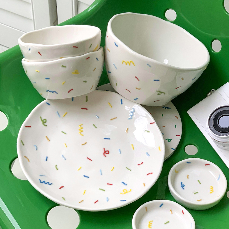原创浮雕糖针韩式手绘陶瓷餐具家用可爱碗碟套装碗盘组合乔迁送礼