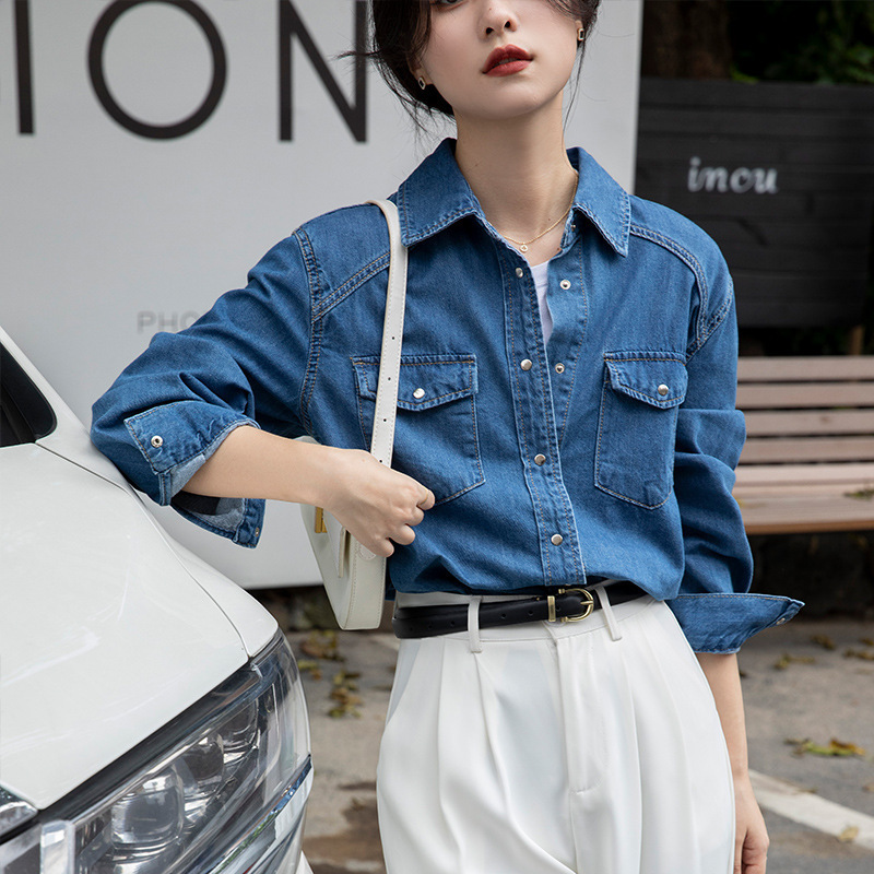 Hong Kong Style Retro Elegant Denim Shirt Women's Autumn New Design Sense Niche Stacked Blue Shirt Long Sleeve Top