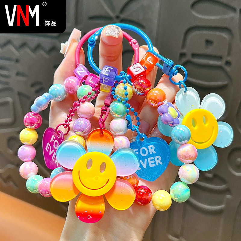 Cartoon Gradient Sunflower Beaded Bracelet llavero de automóvil creativo bolsos de pareja para mujeres colgantes de automóviles pequeños regalos