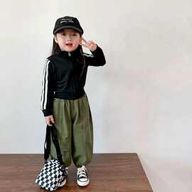 2024秋装儿童黑色卫衣韩系女童休闲运动套装外套宽松哈伦裤两件套