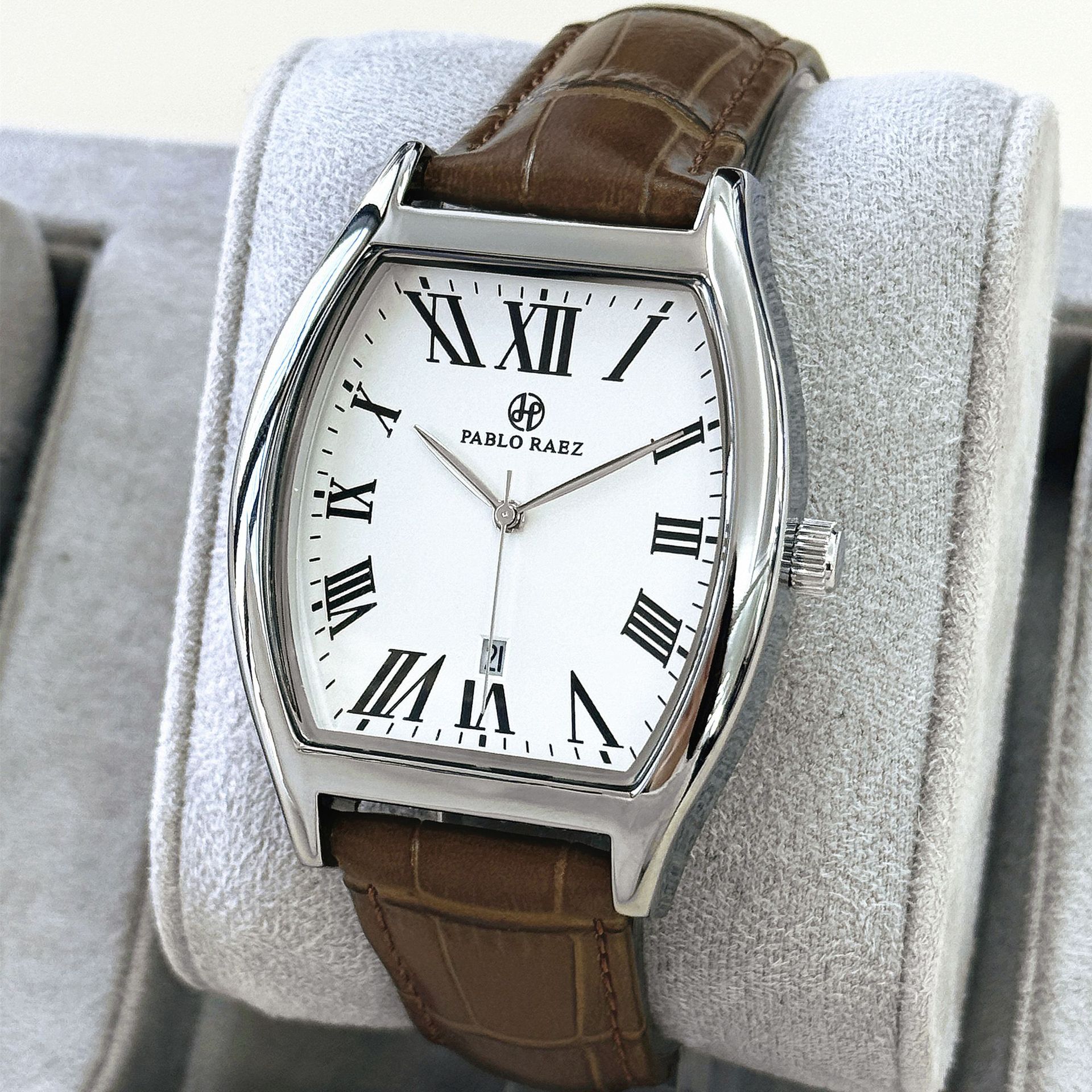 Pablo Raez Casual Business Men's Quartz Watch Barrel-Shaped Leather Strap Waterproof Calendar Wristwatch Cross-Border # 266