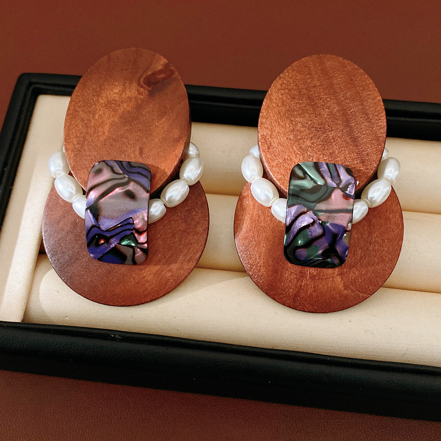 Aguja de plata resina de madera perla pendientes oval estilo simple pendientes ligero de lujo de alta calidad pendientes de nicho image 7