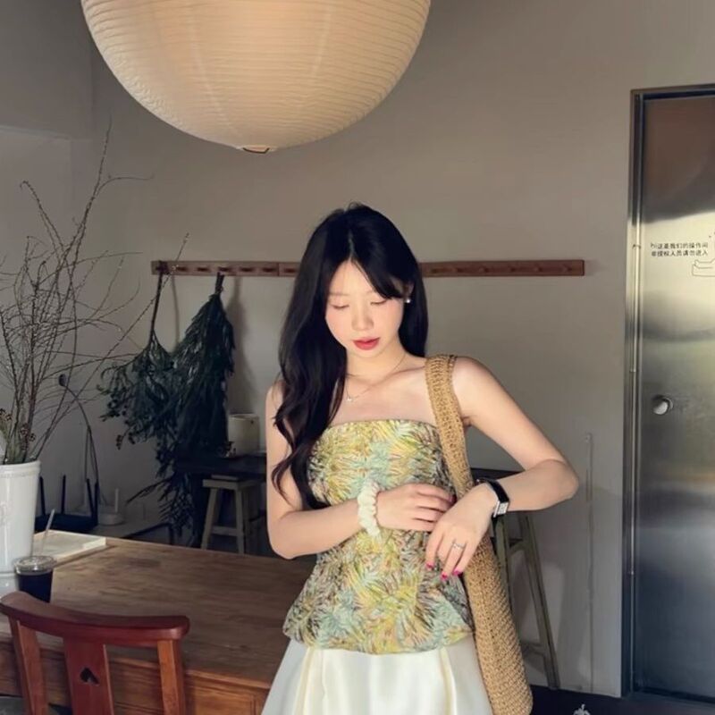 アウターウェア新しい中国風の季節プリントノースリーブトップキャミソール女性の夏の新しいスタイル美しい 2025 美しいチューブトップ中国風|undefined