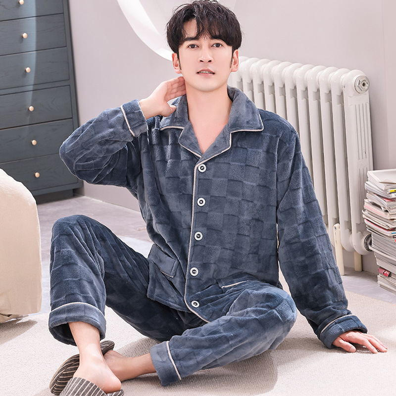 Pijamas de lana de coral coreana para hombres otoño y invierno engrosados franela se pueden usar cardigan de manga larga de invierno conjunto de ropa para el hogar