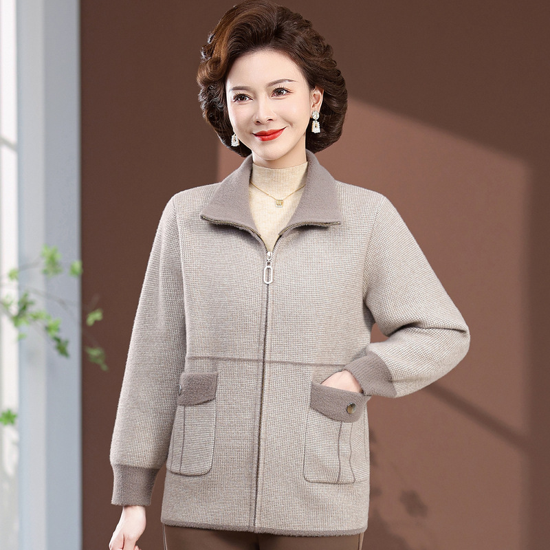 妈妈春秋装双面毛呢带领加厚外套奶奶洋气上衣中老年人女针织开衫|undefined