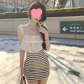 夏季新款甜美少女软妹风氛围感条纹假两件韩系穿搭修身连衣裙女潮
