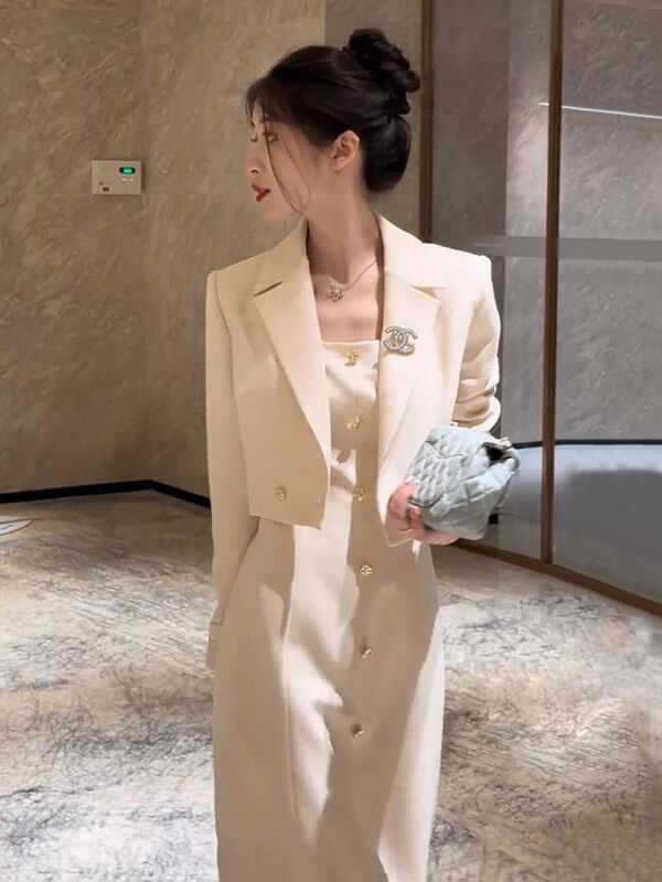 法式气质小香风套装女秋季2025新款短款外套背心连衣裙两件套|undefined