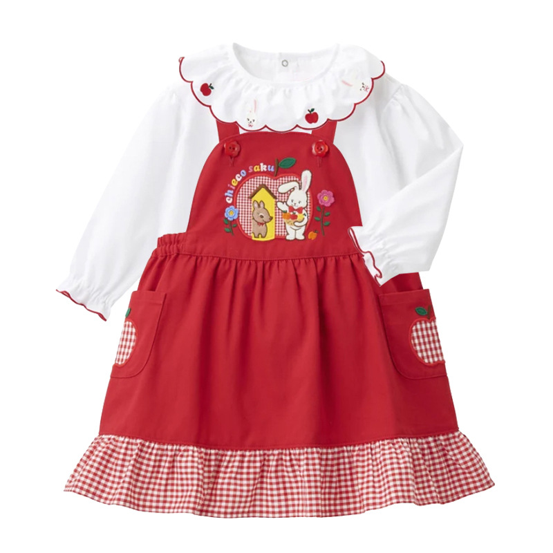 Camisa niña japonesa dibujos animados conejito manzana bordado cuello de muñeca camisa de manga larga camisa de fondo