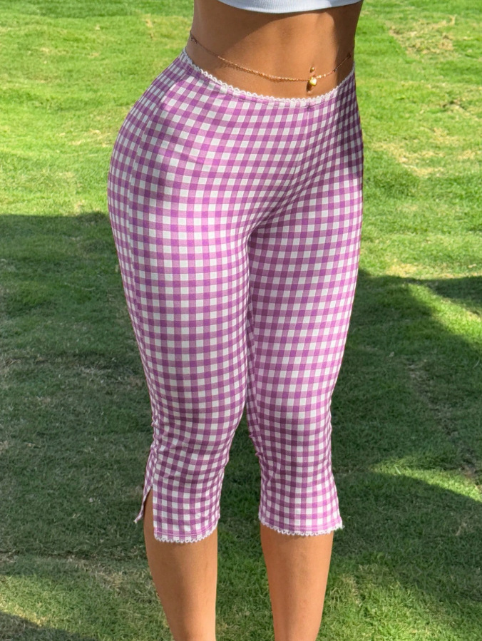 Women's Red Plaid Knit Stretch Leggings Casual Pants For Spring/Summer Style_ecoleips.com