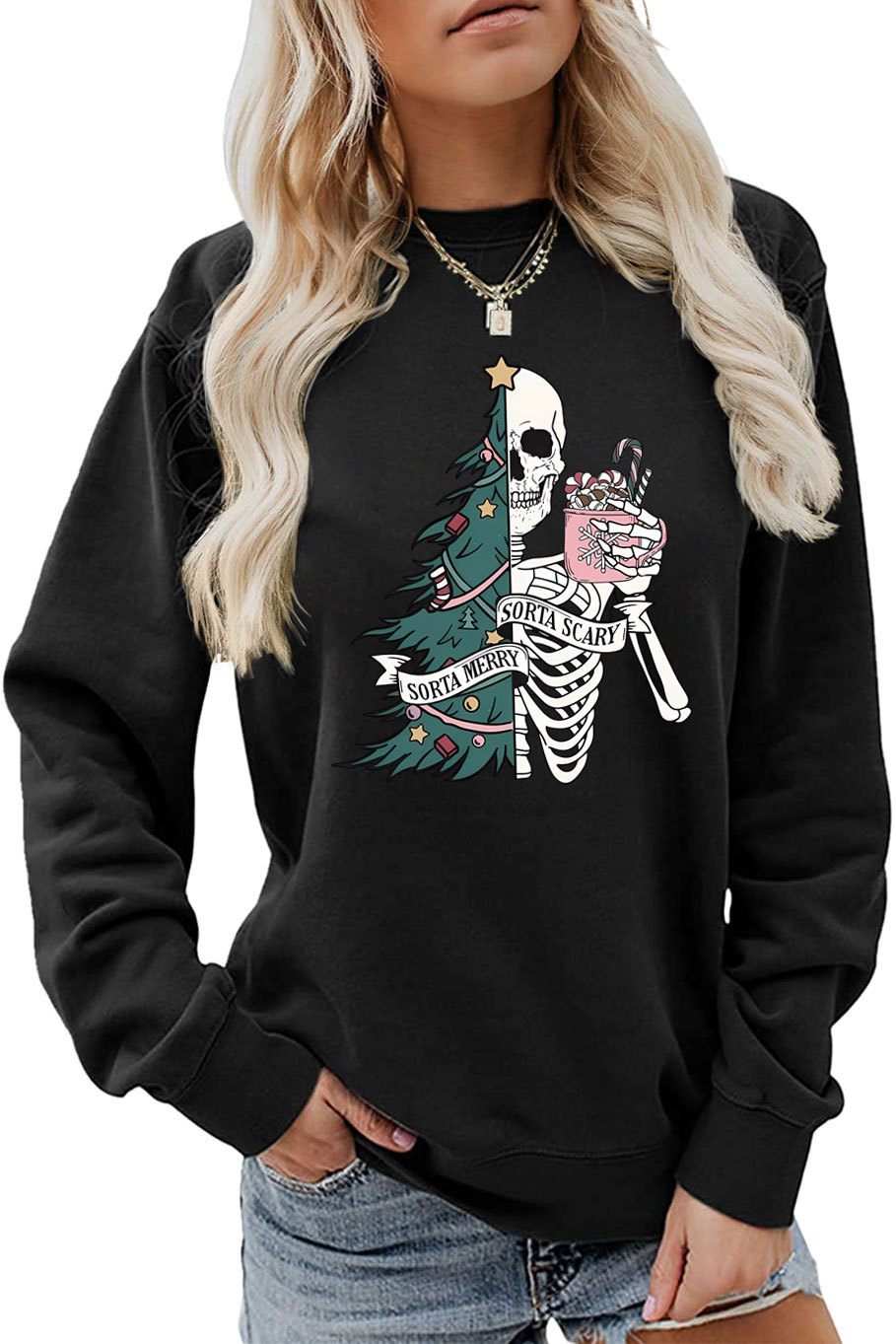 Women's Hoodies Long Sleeve Printing Christmas Christmas Tree Skeleton display picture 7
