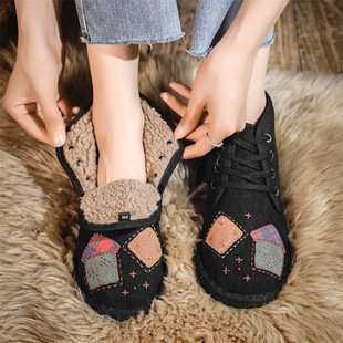 681 autumn and winter fleece-lined warm cotton-padded shoes new patch stitching cloth shoes lamb lining non-slip rubber sole women's shoes