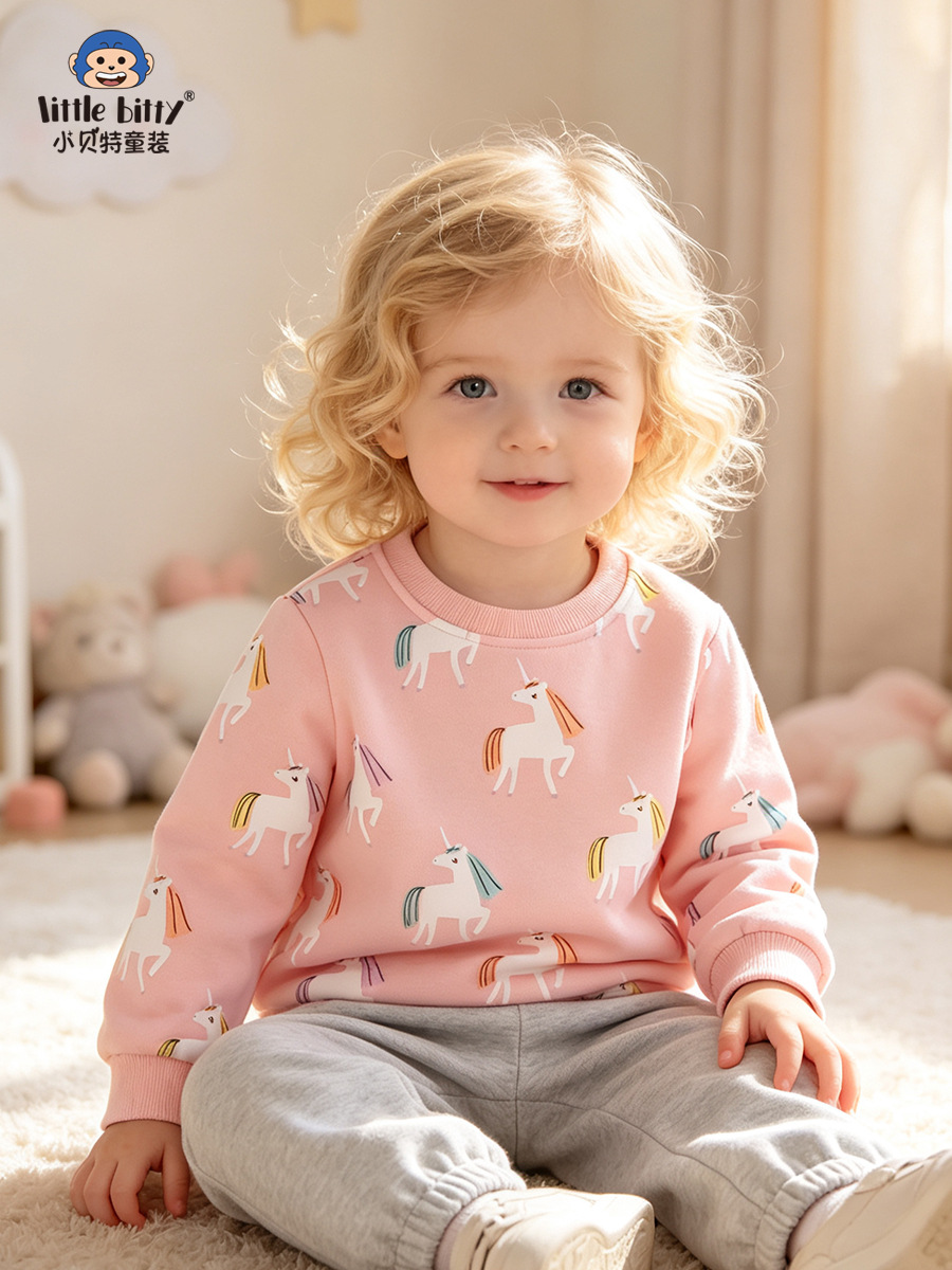 Cross-border supply 2026 children's autumn sweatshirt, sweet and cute unicorn round-neck printed baby sweatshirt clothing