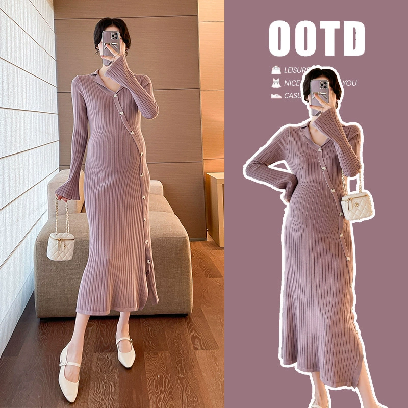 Осенне-зимняя одежда для беременных, новая облегающая однобортная облегающая вязаная облегающая юбка-свитер для беременных в Элегантном французском стиле с V-образным вырезом