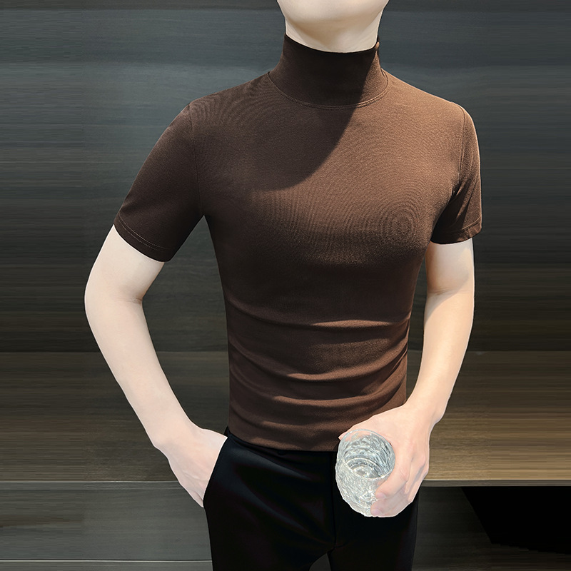 ハーフタートルネックメンズ Tシャツ半袖夏アイスシルク 2025 新しいトップタイトミッドカラーハーフスリーブスリムボトリングシャツ|undefined