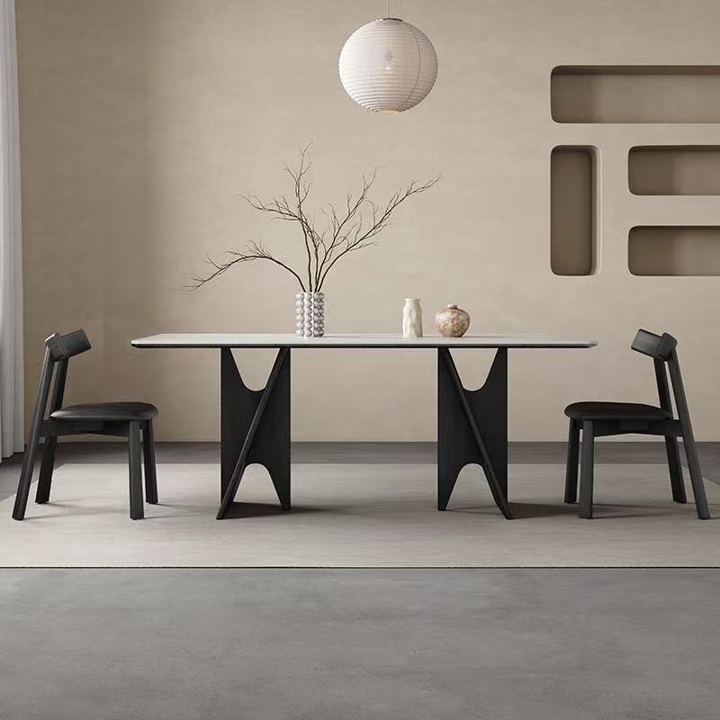 Mesa de comedor de madera maciza negra, mesa de comedor rectangular para uso doméstico pequeño, mesa de comedor para el hogar simple y de lujo ligero, mesa de comedor de tablero de roca blanca pura